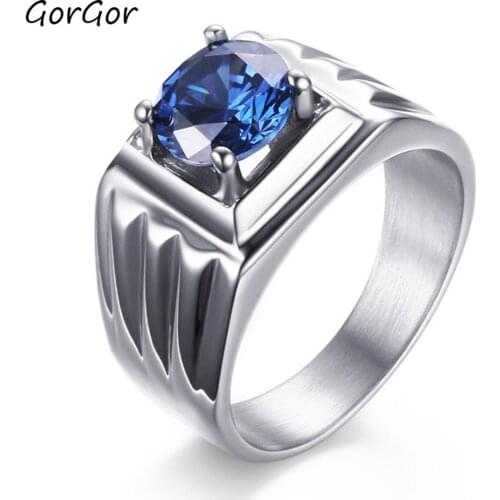 GorGor Rings Men Stainless Steel High Polished Pattern Mosaic Blue Zircon Temperament Exquisite Fashion Accessories RC-252