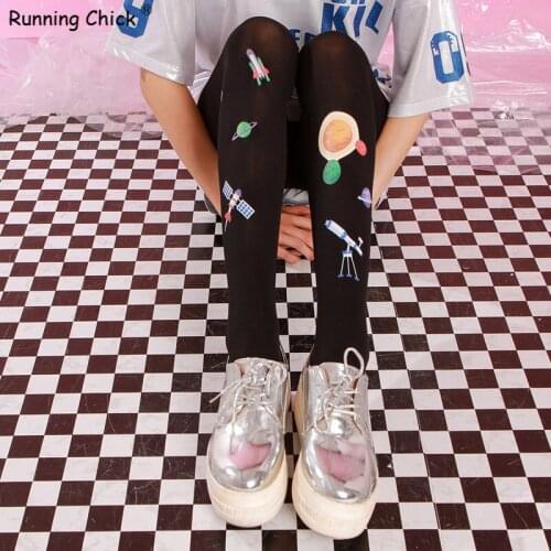 RUNNING CHICK Astronomical Celestial Print Pantyhose Black Childlike Autumn Pantyhose