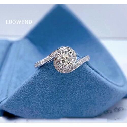 LUOWEND 100% 18K Solid White Gold (AU750) Engagement Ring Trendy Twist Shape Natural Diamond Ring for Women