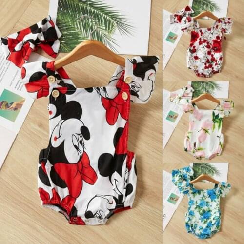 Cute Newborn Baby Girl Cartoon Romper Ruffles Back Cross Halter Jumpsuit Headband 2PCS Outfit Princess Girls Sunsuit