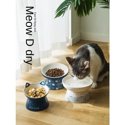 Cat Bowl Ceramic anti overturning high foot double bowl food bowl dog bowl cat water bowl protection cervical spine drinking
