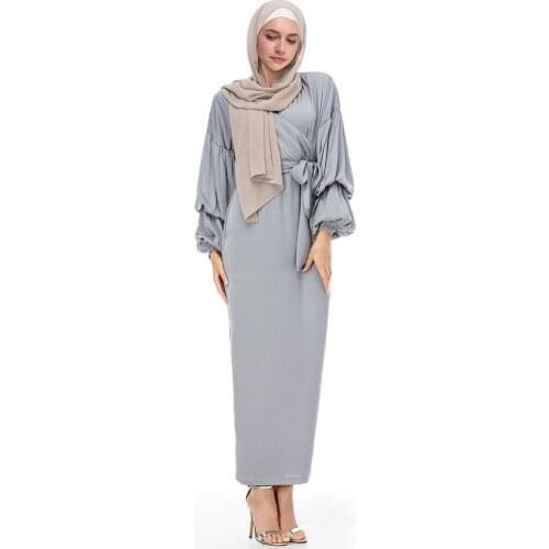 Muslim dress sets Bubble sleeves abayas irregular abaya dubai islamic 4 colors was thin abayas with belt dropshopping turkey