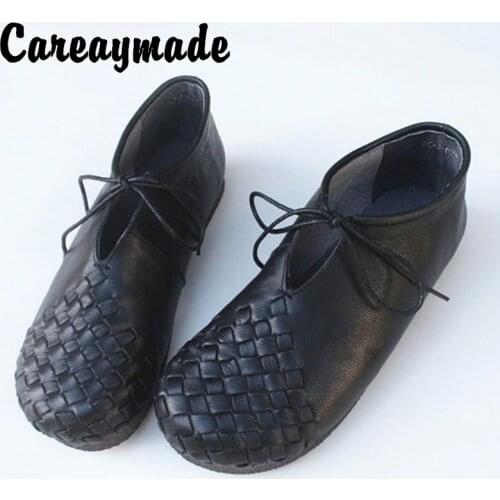 Careaymade-New National Style Pure handmade Retro Mori Womens Shoes Lace-up Pure Plain Soft Bottom Hand-Woven Leather Shoes
