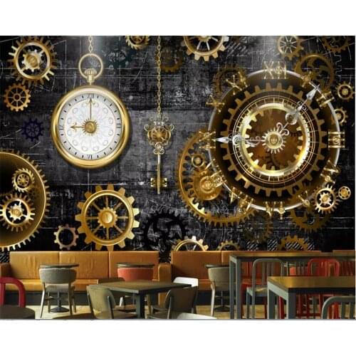 Beibehang Wallpaper wallpaper 3d custom european industrial wind golden gears and clock decorative mural background wall sticker