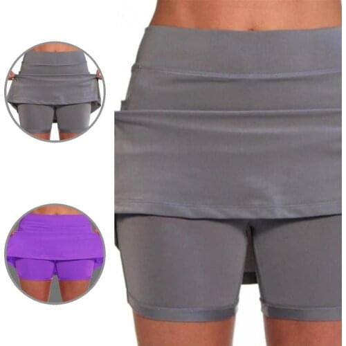 Secure Simple Mid Waist Double-Layer Athletic Shorts Skirt Solid Color Shorts Skirt High Elastic for Exercise