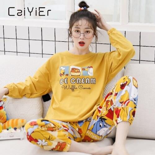 CAIYIER Girls Winter Cotton Pajamas Set O-Neck Long Sleeve Trousers Cute Print Sleepwear Soft Casual Cartoon Nightwear Homewear