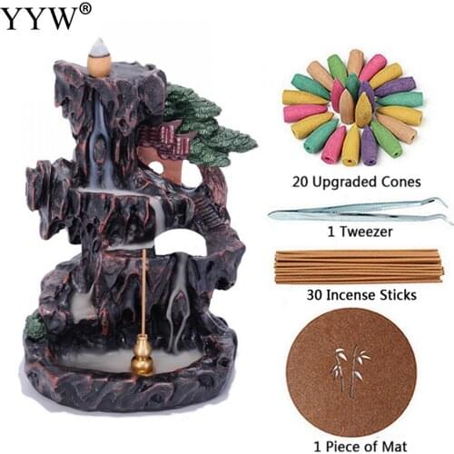 Resin Incense Burner Mountain Flowing Water Backflow Golden Gourd Incense Stick Holder For Home Or Office Decoration Burner