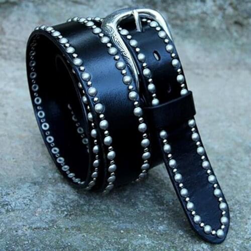 New Carved Retro Belt Women Luxury Rivets Designer Genuine Leather Belts Metal Pin Buckle Black Cowhide Belt Ladies Punk Belt