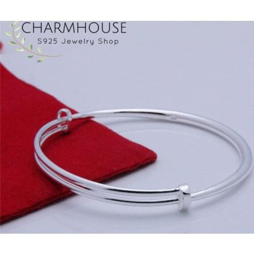 Silver Bangles For Women Simple Smooth Charm Bangle & Bracelet Cuff Pulseira Femme Wedding Jewelry Accesories Party Gifts