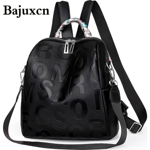 Trendy embossed letter backpacks brand designer ladies school bag black 2021 new soft leather multifunctional travel bag sac