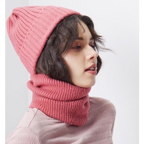 KENSHELLEY European Style Woman Acrylic Plain Color Knitted Hat Vertical Stripe Pattern With Wool Neck Warmer Loop For Lady Girl