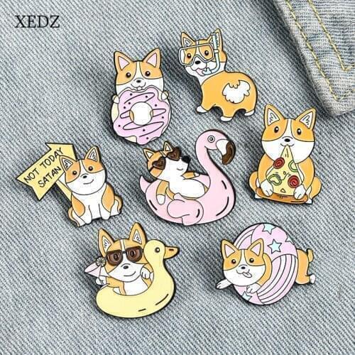 XEDZ 2021 New Yellow Shiba Inu Travel Swimming Enamel Pendant Children Cartoon Animal Dog Diving Eating Pizza Badge Jewelry Gift