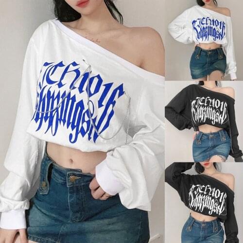 Ladies Sexy Off Shoulder Tops,Summer Fashion Creative Letter Printing Chain Decoration Long Sleeve Midriff-baring Casual T-shirt