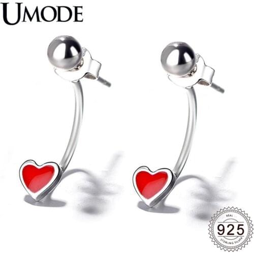 UMODE 2019 New 925 Sterling Silver Cute Red Heart Stud Earrings for Women Birthday Gifts Silver 925 Jewelry Brincos ALE0645