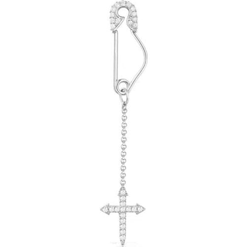SLJELY 925 Sterling Silver Single Charm Cross Safety Pin Long Earring Micro Cubic Zirconia Fashion Fine Jewelry for Women Girl