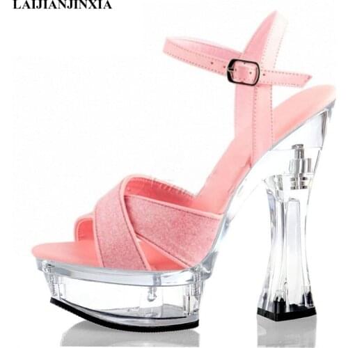 New Pink Flash Powder Bling Shallow Hollow Open Toe 14 Cm Super High Heeled Shoes 6 Inches Womens Sandals Bride Wedding Shoes