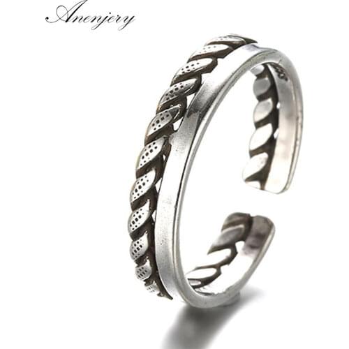 ANENJERY 925 Sterling Silver Vintage Fashion Rings For Women Twist Chain Opening Thai Silver Ring anel bague S-R146