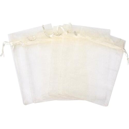 100pcs 12x9 15x10 8x10 9x7 Organza Bags with Ribbons Jewelry Packaging Bags Candy Pouches Wedding Party Gift Bags Creamy White