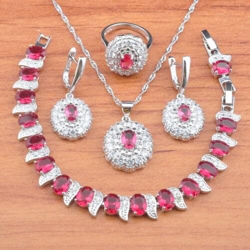 2020 New Silver Color Jewelry Sets For Women Christmas gifts Red Crystal Earrings Ring Pendant Bracelet JS0740