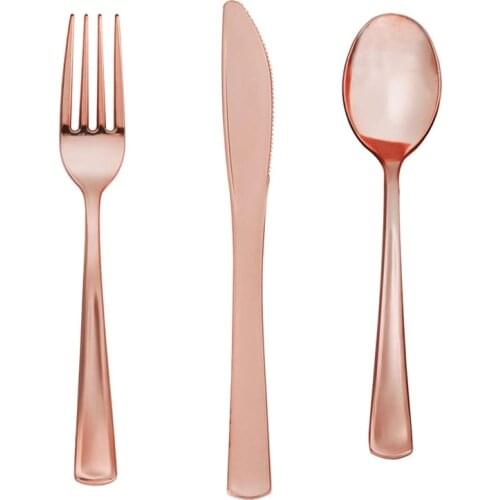8pcs Rose Gold Plastic Disposable Fork Spoon Knife Happy Birthday Wedding Tableware Party Bridal Shower Decoration Supplies