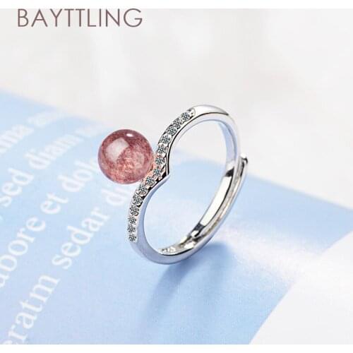 BAYTTLING 925 Sterling Silver Single Row Zircon Strawberry Crystal Round Open Ring For Women Fashion Jewelry Couple Ring Gift