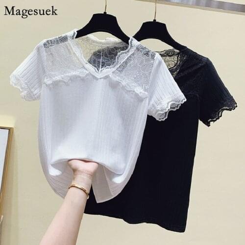 Plus Size 4XL White Lace Women T Shirt Korean Short Sleeve Summer Tees V Neck Knitted T-Shirt Female Casual T-Shirts 15007
