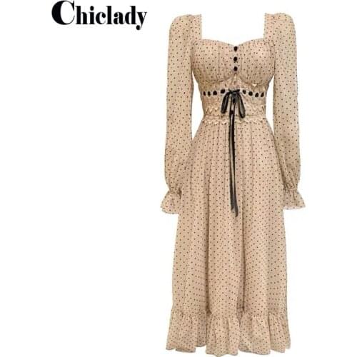 CHICLADY vintage] designer polka dot mesh midi A-line dress for women square collar puff sleeve ruched straw string lace up robe