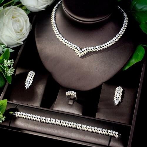 HIBRIDE New 2 Tones Earrings and Necklace Jewelry Set Cubic Zirconia Bridal Wedding Jewelry Set for Women Gift Bijoux N-299