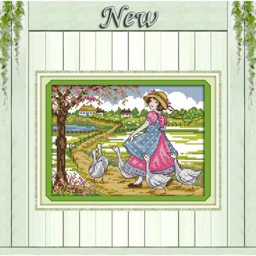 Grazing geese girl scenery painting decor Counted print on canvas 14CT 11CT Chinese Cross Stitch Needlework kits Embroidery Sets