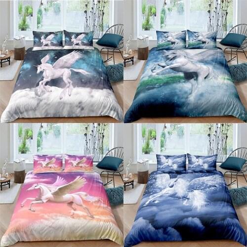 Lovely Unicorn Horse Pattern Bedding Set Queen King Size Kids Cartoon Duvet Cover Comforter Bed Cover Set Bedclothes Quilt Cover