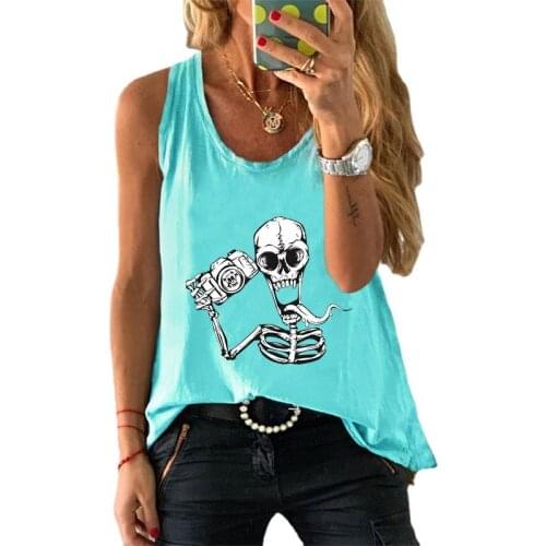 Summer Cotton 100% Women Plus Size Camisole Steeveless Skull Camera Print Female Vintage Fashion Waistcoat Loose LadiesTank Tops