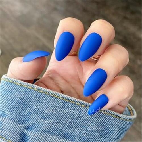 Matte short fake nails stiletto blue impress press on nails tip artificial unghie finte faux ongles court decorating fingernails