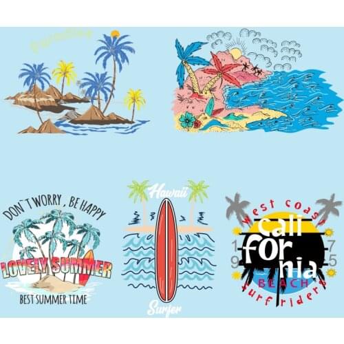 Vacation Style Coconut Tree Wave Pattern On Transfer For Clothing Patches for Clothing DIY T-shirt Heat-Sensitive Patches