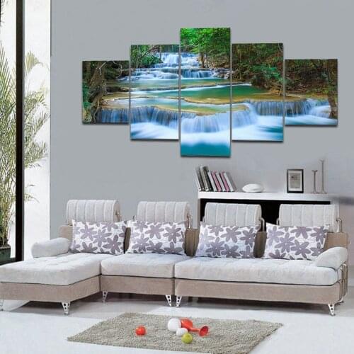Poster Modern 5 Panel Waterfall Green Ancient Tree Blue Water Landscape Canvas Painting Wall Art Print For Living Room No Frame
