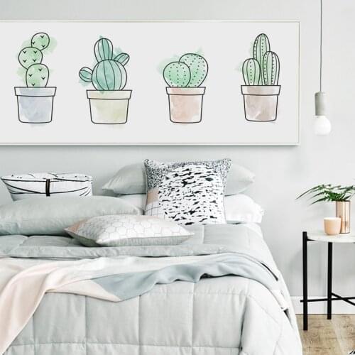 Simple Watercolor Potted Cactus Plant Poster Horizontal Canvas Painting Wall Art Pictures For Bedroom Home Decoration Gift
