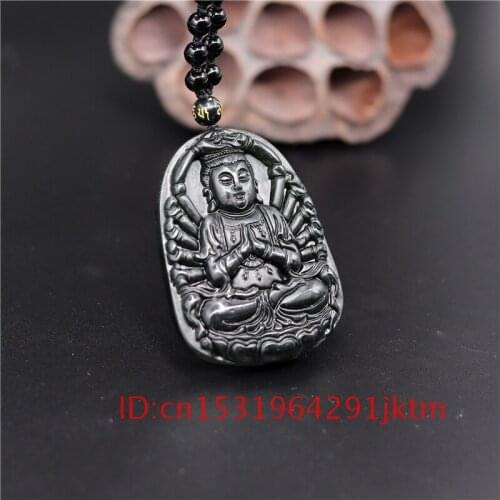 Carved Necklace for Natural Charm Black Amulet Accessories Jewelry Pendant Buddha Men Green Gifts Obsidian Jade Guanyin Chinese