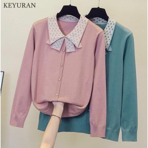 Plus Size Autumn Winter Sweater Womens Pullover 2021 New Fashion Dot Bow Collar Stitching Casual Loose Sweater Ladies Vintage