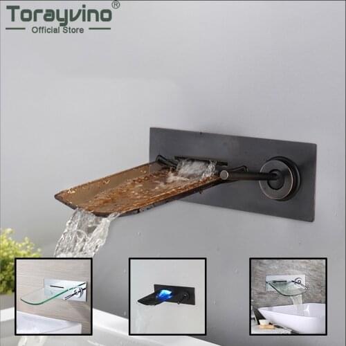 Torayvino Bathroom Faucet Wall Mounted Waterfall Glass Spout Black Bathtub Faucets Single Handle Basin Sink Water Tap
