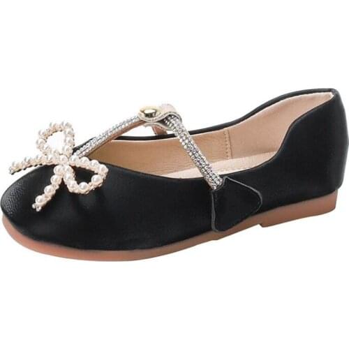 Girls Princess Shoes 2021 New Girl Butterfly Diamond Buckle Leather Shoes Dance Flat Shoes Black Beige Pink