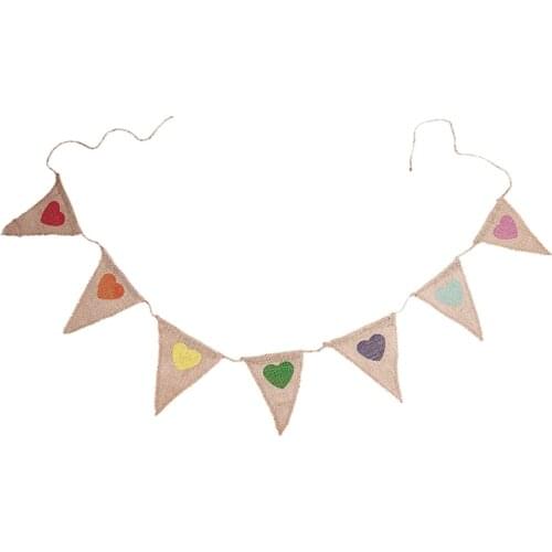 Vintage Bunting Flags with Cute Colorful Heart, Vintage Toys Fabric Jute Burlap Banner Shabby Chic Bunting for Baby Naming Day P