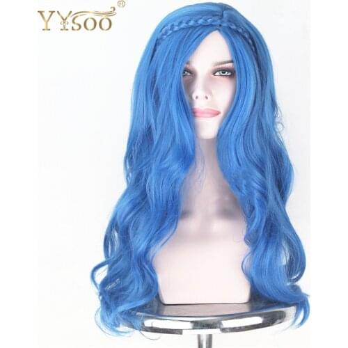 YYsoo Descendants 2 Evie Cosplay Wigs Synthetic Long Wavy Fashion Blue Wig with Side Part High Temperature Curly Hair for Women