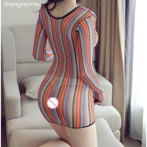 Shengrenmei 2019 New Women Rainbow Sleepwear Sexy Lingerie Cosplay Female Long Sleeves Dress Fashion Stripe Babydolls Nightdress
