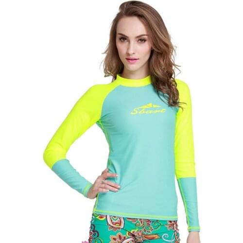 Womens High Neck Long Sleeve Sun Protection Beachwear Blue Rash Guard Top