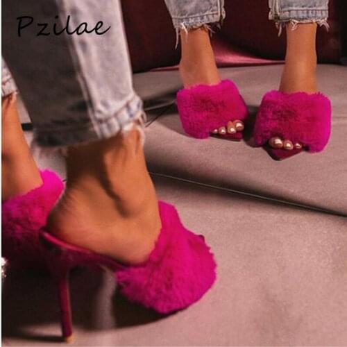Pzilae 2020 summer women slippers mules shoes high heels shoes fur sexy pointy peep toe woman slides party shoes female sandals
