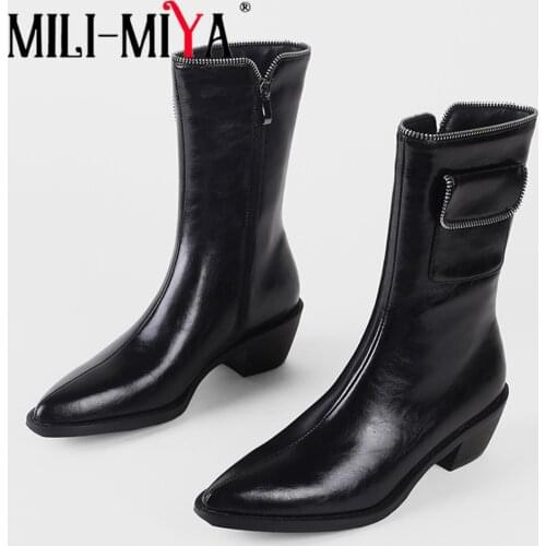 MILI-MIYA Genuine leather Ankle Boots Fashion Women Pointed Toe Thick Heel 2021 New Manual Made Party Dress Shoe Plus Size 34-43