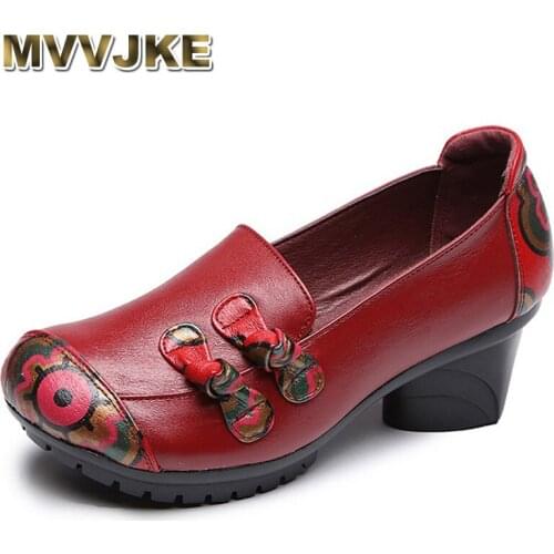 MVVJKE2018 Ethnic Style Slip On Women Pumps Round Toe Graffiti High Heels Shoes Woman Genuine LeatherThick Heel Mother ShoesE022