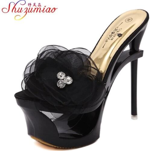 Strange Heels Platforms 2021 New Women Shoes Sandals and Slippers Blue Satin Chiffon Floral Diamond Waterproof Profiled Shoes