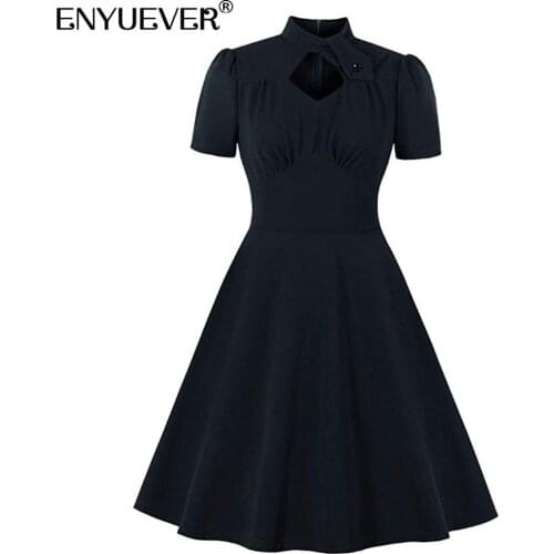 Enyuever Elegant Black Women Dress 2021 Short Sleeve Hollow Out Robe Pin Up Swing Plus Size Office Ladies Dresses With Pockets