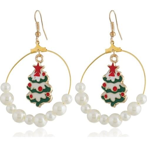 2020 Fashion Custom Jewelry New Gold Plated Big Circle Enamel Pearl Christmas Tree Earring Brincos Drop Earrings For Women Gifts