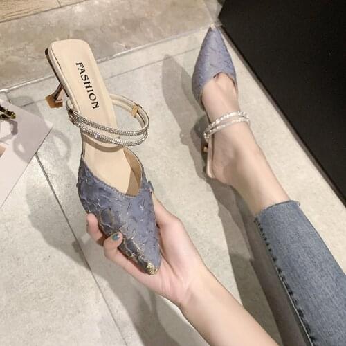 2021 Women Shoes Summer Mules Slippers High Heels Sandals Rhinestone Pointed Toe Thin Heels Outside Slippers Free Shipping